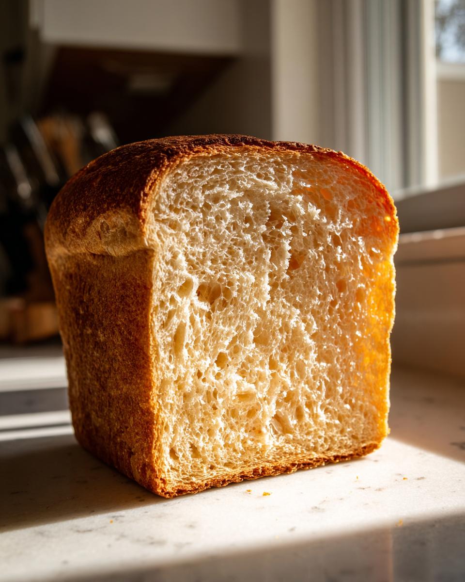 Close-up of a freshly baked sourdough sandwich bread loaf cut in half, showing a soft, even crumb structure.