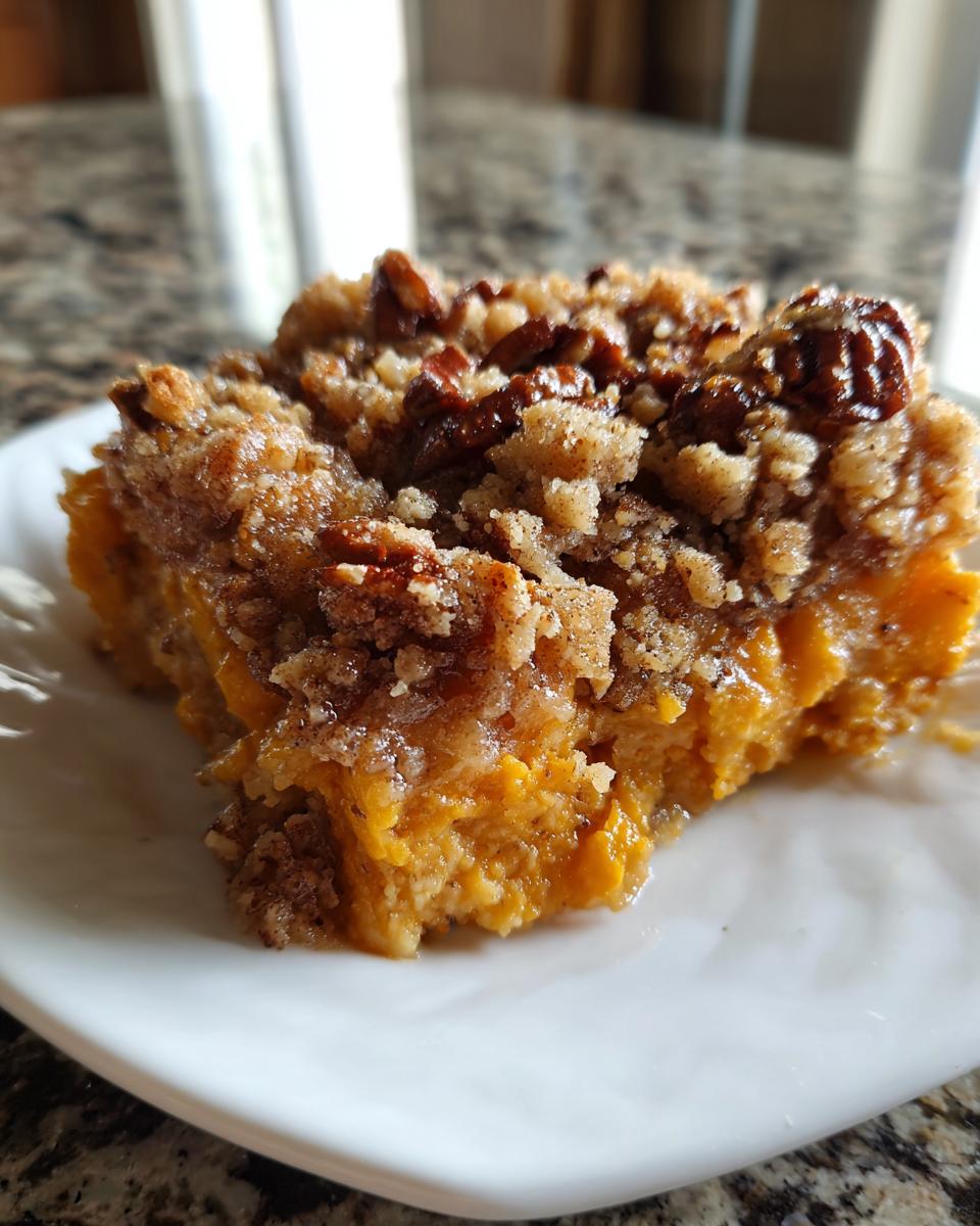 Close-up of a square slice of moist southern sweet potato casserole topped with a crunchy pecan streusel.