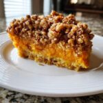 A close-up of a rich slice of southern sweet potato casserole topped with a brown sugar pecan crumble.