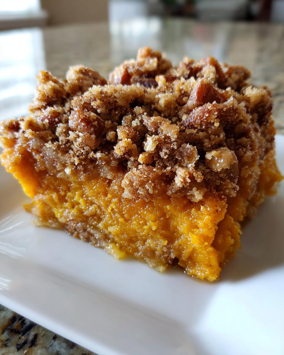 A close-up of a square slice of rich, orange southern sweet potato casserole topped with a brown sugar and pecan crumble.