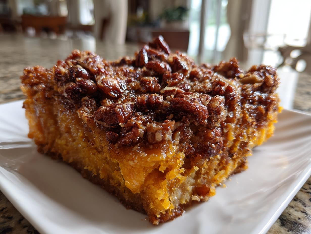 Close-up of a rich slice of southern sweet potato casserole topped with a thick, glossy pecan streusel topping.