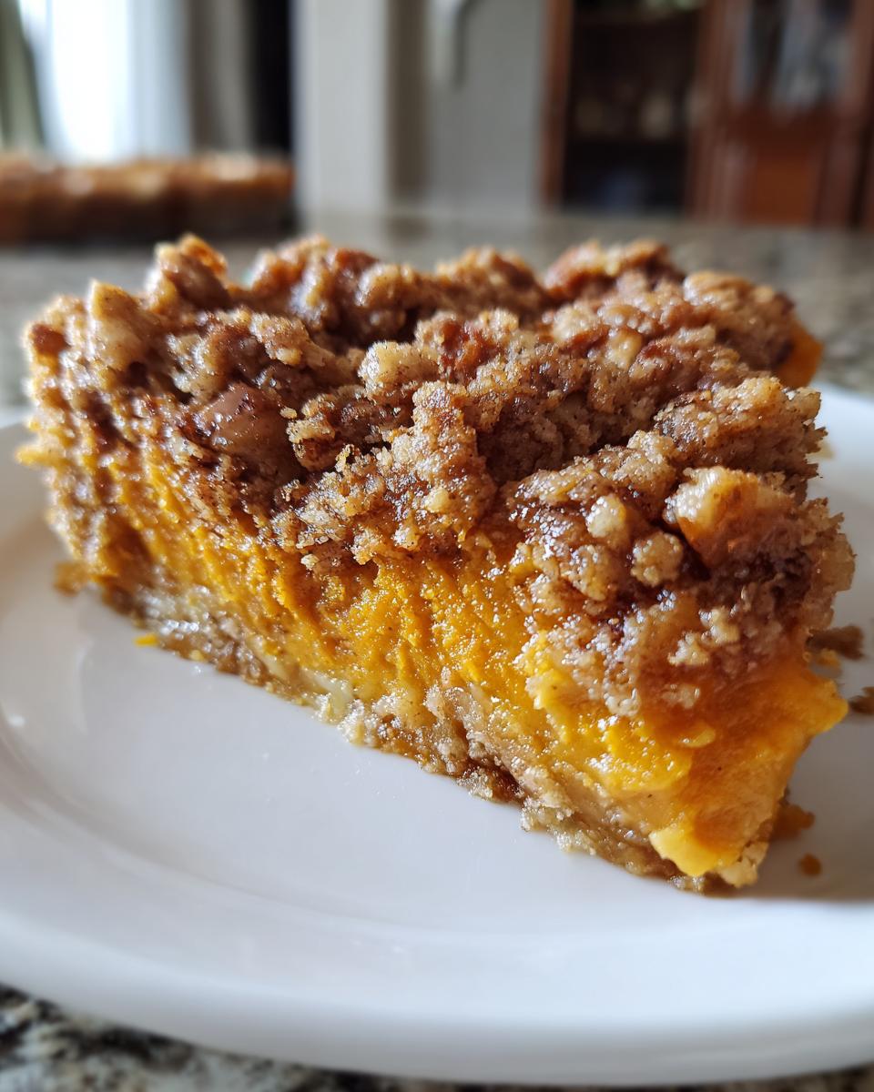 Close-up of a slice of southern sweet potato casserole featuring a bright orange filling and a thick, brown pecan streusel topping.