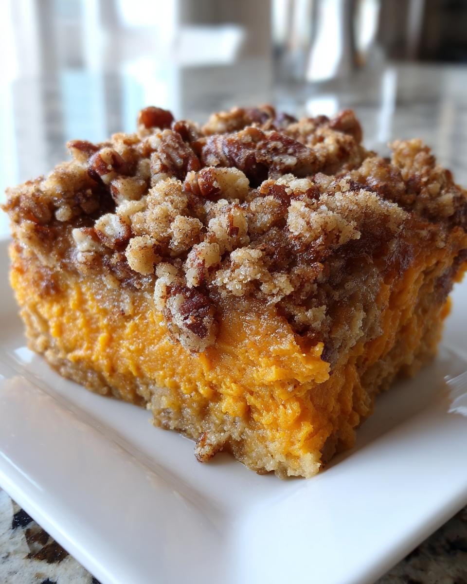 Close-up of a square slice of southern sweet potato casserole with a thick pecan crumble topping.