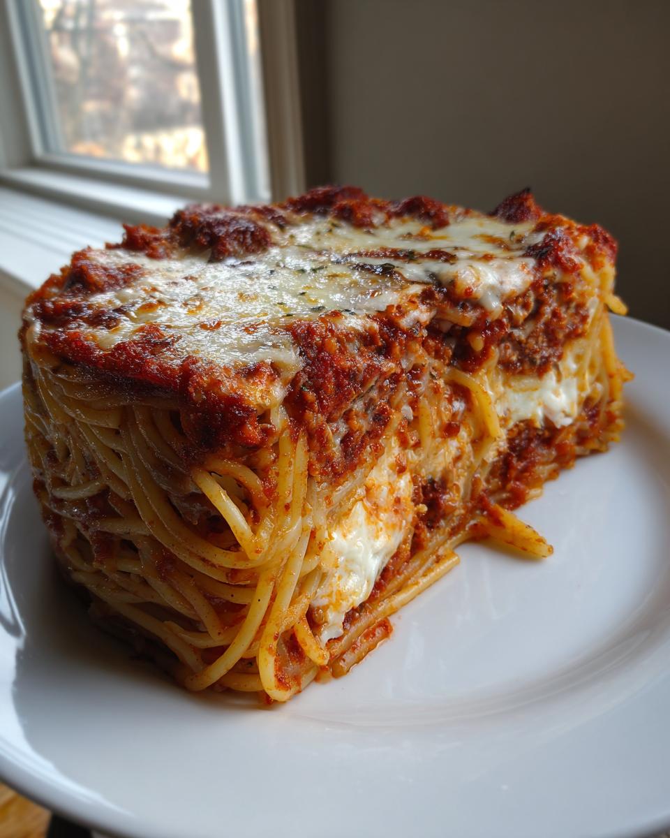 A thick, square slice of baked spaghetti pie layered with meat sauce and melted cheese.