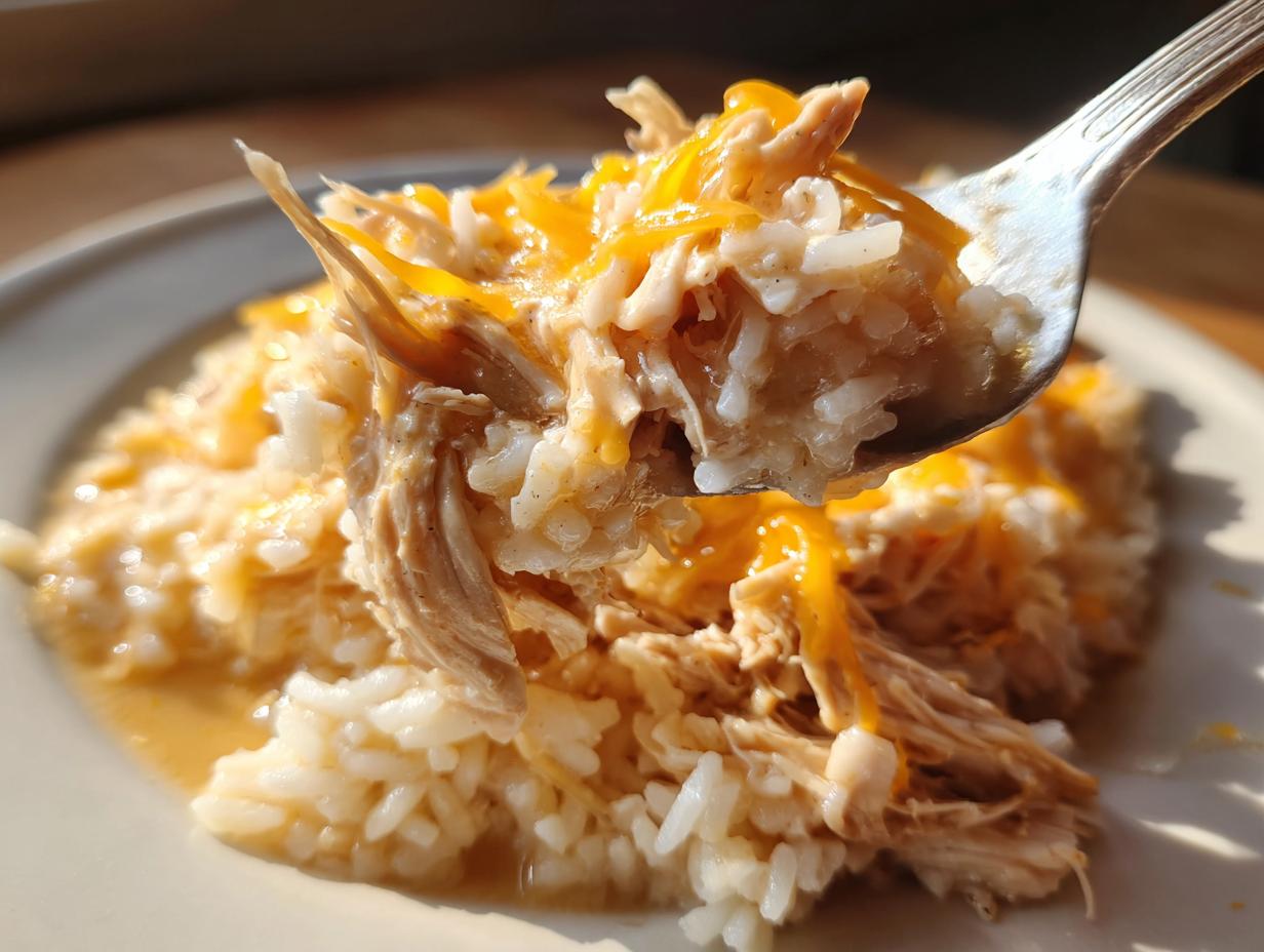 A spoonful of creamy crock pot chicken and rice topped with melted cheddar cheese being lifted from a plate.