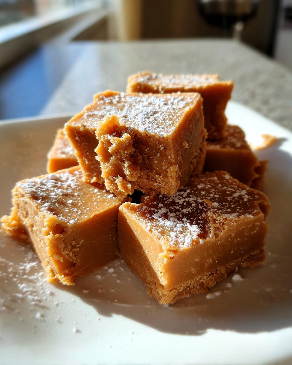 Close-up of several squares of rich, brown penuche fudge dusted lightly with powdered sugar on a white plate.