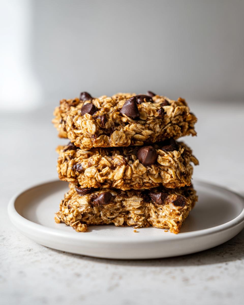 Three stacked, thick chocolate chip breakfast cookie bars made with oats on a small white plate.