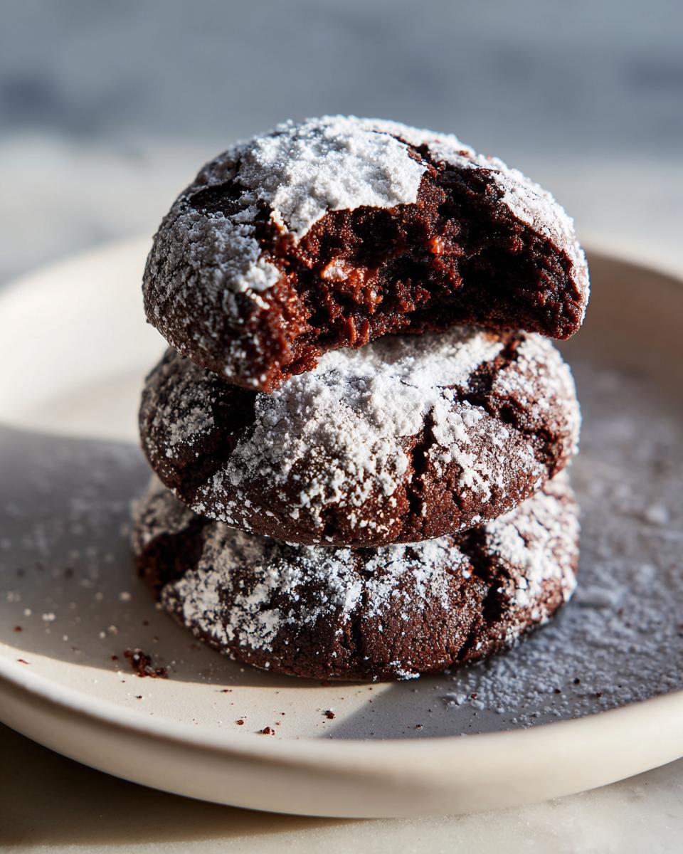 Three fudgy chocolate crinkle cookies stacked on a plate, dusted heavily with powdered sugar, one cookie has a bite taken out.