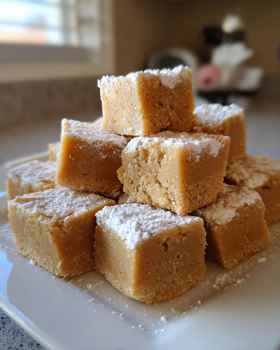 A stack of light brown, square-cut penuche fudge pieces generously dusted with white powdered sugar on a white plate.