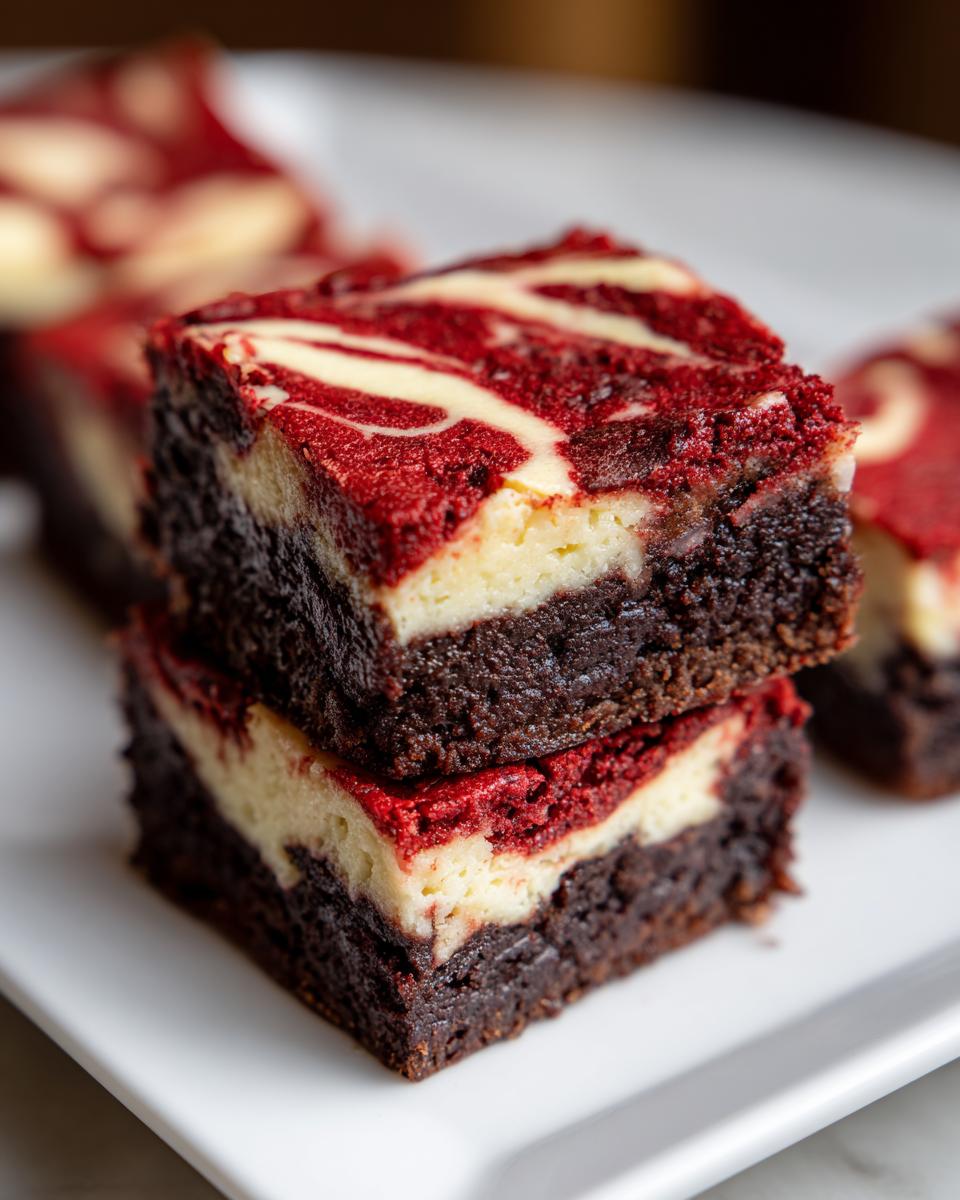 Two stacked squares of rich red velvet cheesecake brownies showing the dark brownie base and marbled red and cream topping.