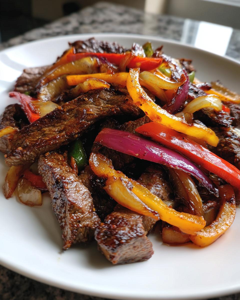 Close-up of seasoned steak fajitas mixed with colorful sautéed onions and bell peppers on a white plate.