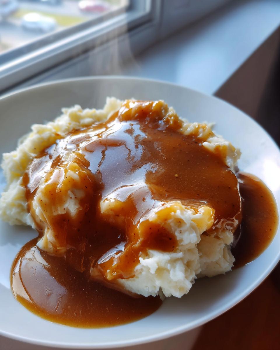 A close-up of steaming mashed potatoes generously topped with rich brown chicken gravy on a white plate.