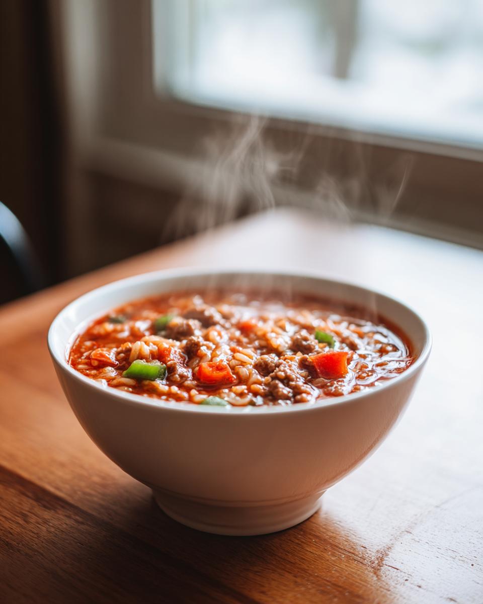 A white bowl filled with hot, steaming stuffed pepper soup containing ground meat, rice, and visible chunks of green and red peppers.