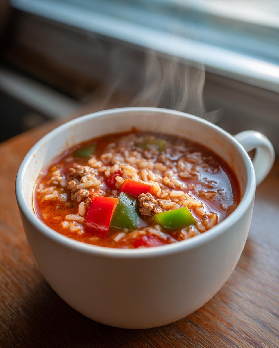 Close-up of a steaming white mug filled with hearty stuffed pepper soup, showing ground meat, rice, and chunks of red and green peppers.