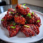 A pile of glossy, deep red korean fried chicken pieces coated in sauce, topped with sesame seeds and green onions.