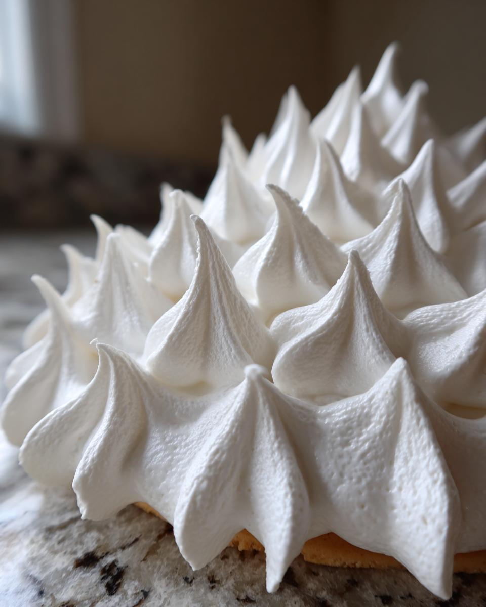 Close-up of stiff, white royal icing piped into sharp peaks, similar to strong gingerbread house icing.