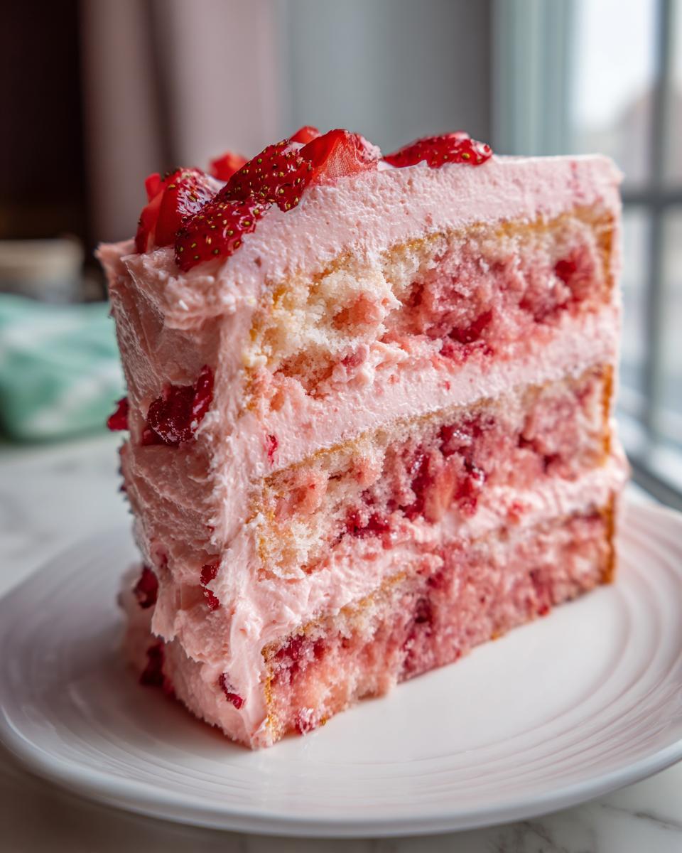 A tall, moist slice of strawberry cake with three layers of cake and pink strawberry frosting, topped with fresh strawberries.