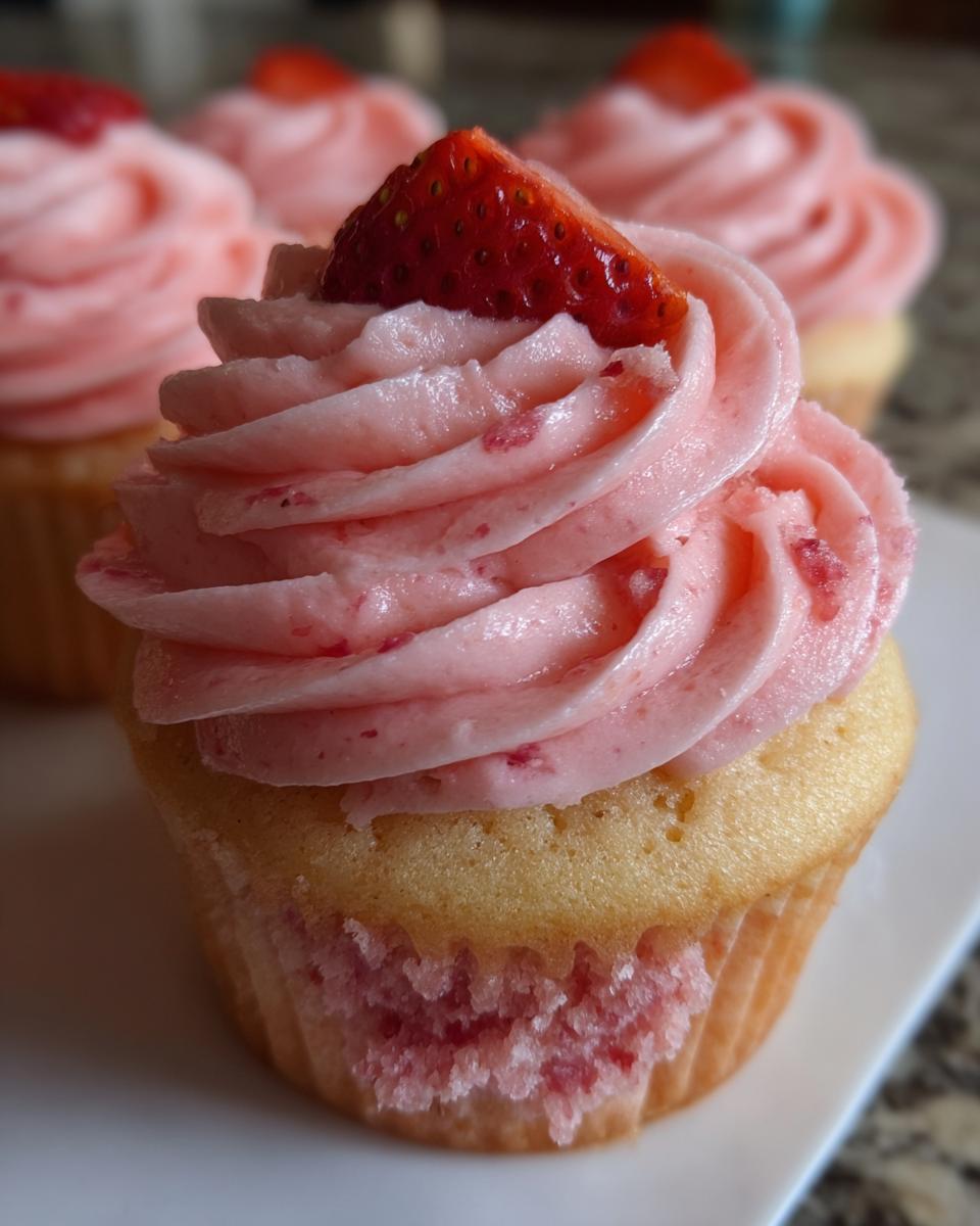 A close-up of one of the amazing strawberry cupcakes, topped with pink strawberry frosting and a fresh strawberry slice.