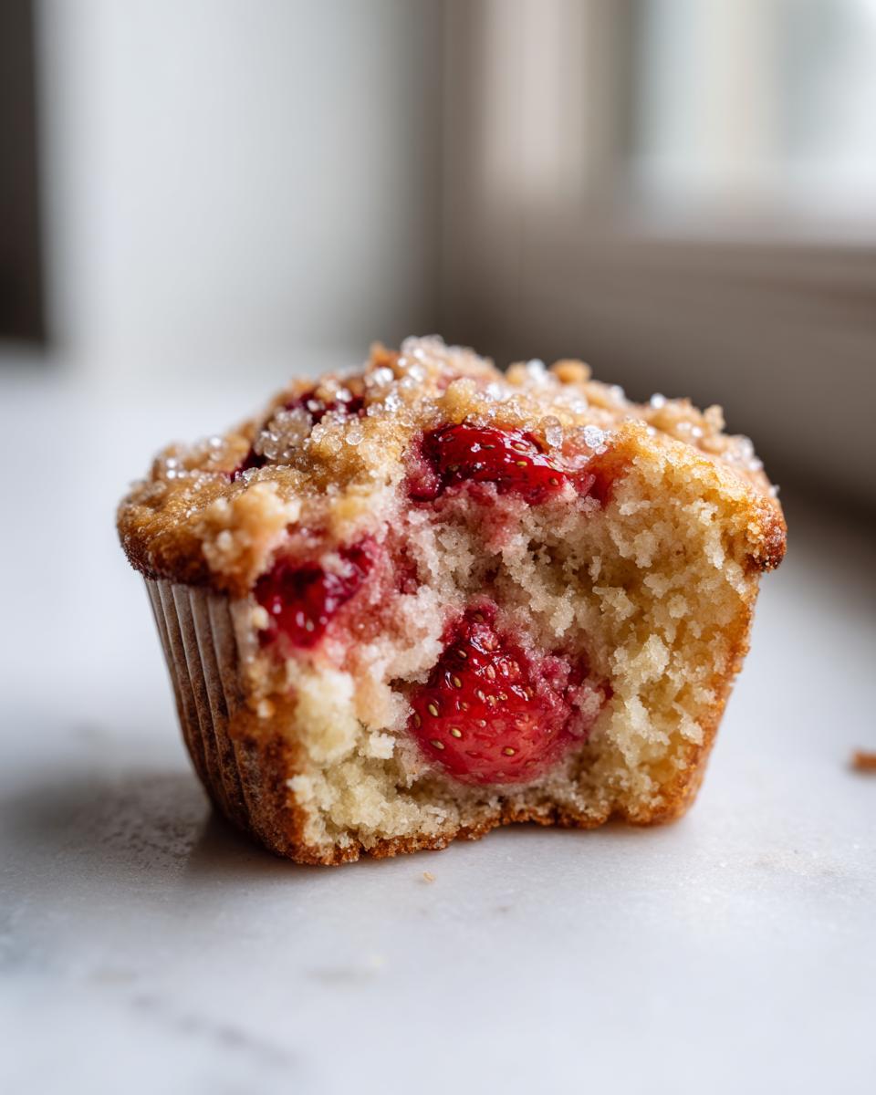 A close-up of a delicious strawberry muffins with a bite taken out, showing moist interior and whole strawberries.