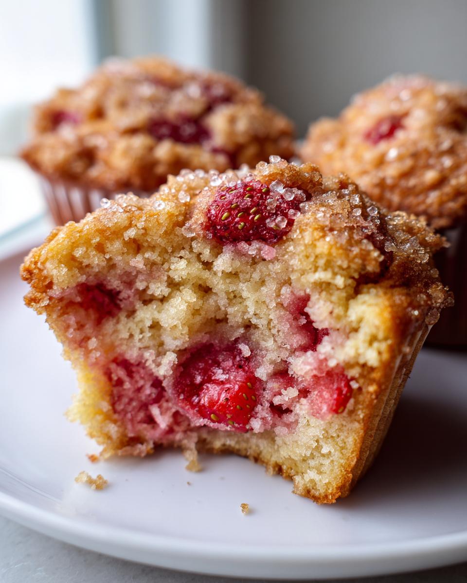 Close-up of a delicious strawberry muffins cut in half showing moist interior and fresh strawberries, topped with coarse sugar.