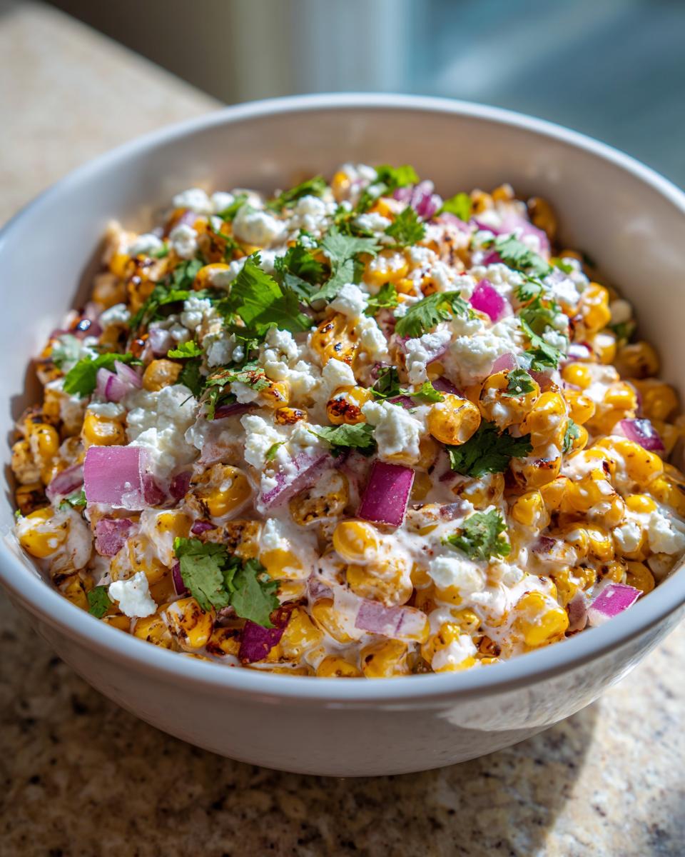 Close-up of a white bowl filled with vibrant street corn salad featuring charred corn, cotija cheese, red onion, and cilantro.