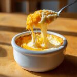 A spoonful of creamy, cheesy grits is lifted from a white bowl, showing long, satisfying cheese pulls of the cheese grits.