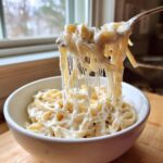 Fork lifting fettuccine noodles coated in creamy Olive Garden Alfredo Sauce, showing a dramatic cheese pull.