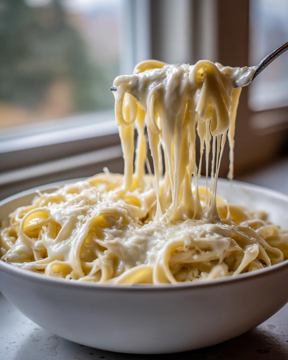 A fork lifts fettuccine noodles coated in creamy Olive Garden Alfredo sauce, showing a perfect cheese pull over a white bowl.