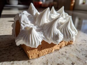 A piece of gingerbread base topped with stiff, white royal icing piped into sharp peaks, demonstrating strong gingerbread house icing.