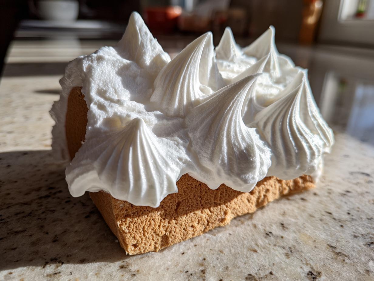 A piece of gingerbread base topped with stiff, white royal icing piped into sharp peaks, demonstrating strong gingerbread house icing.