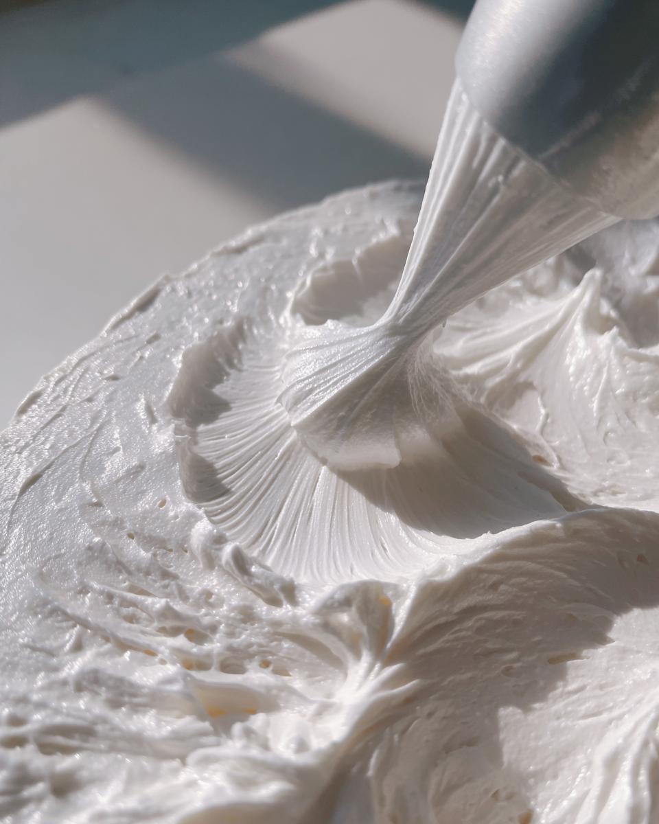 Close-up of thick, white royal icing being piped, showing its stiff texture perfect for gingerbread house icing.