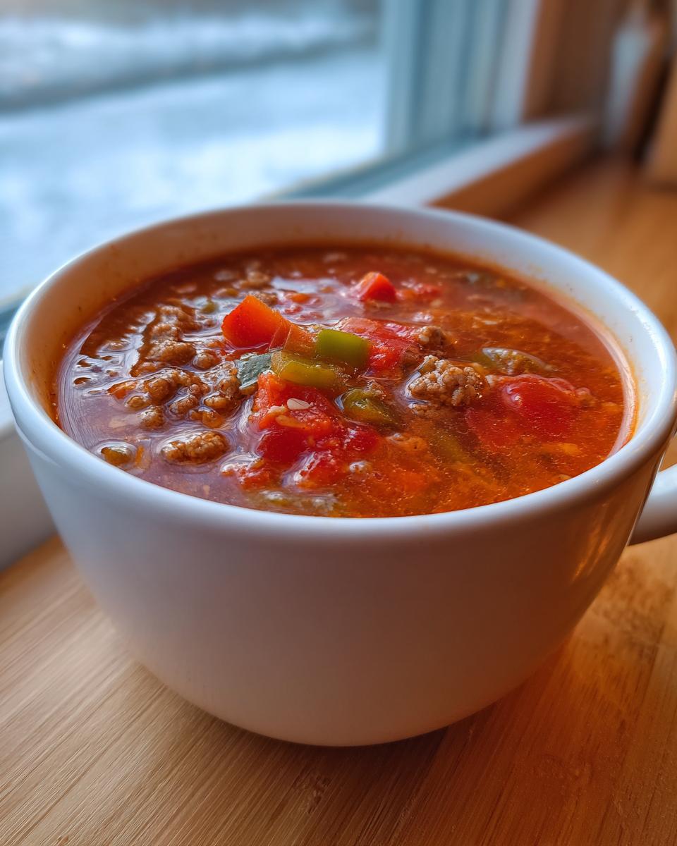 Close-up of a white mug filled with rich, tomato-based stuffed pepper soup featuring ground meat and diced peppers.