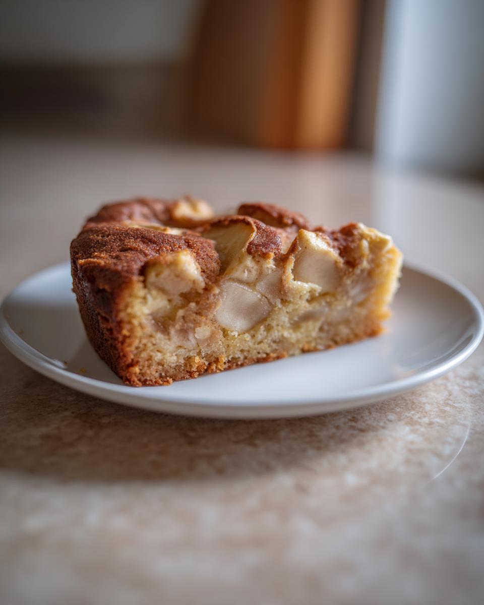 A close-up of a single slice of moist Swedish apple cake, topped with baked apple pieces and cinnamon.
