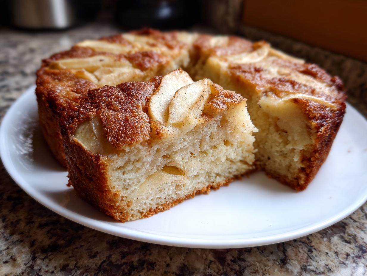Close-up of a slice cut from a moist Swedish apple cake, showing tender crumb and cinnamon-topped apples.