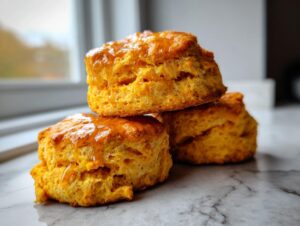 Three fluffy, orange-hued sweet potato biscuits stacked on a marble surface, glistening with a honey glaze.