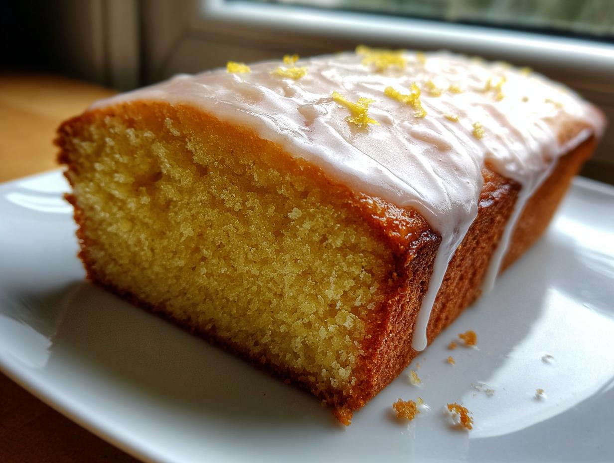 A close-up of a moist slice of lemon loaf topped with white glaze and lemon zest.