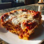 A hearty, layered slice of lazy lasagna topped with rich tomato sauce and melted mozzarella cheese.
