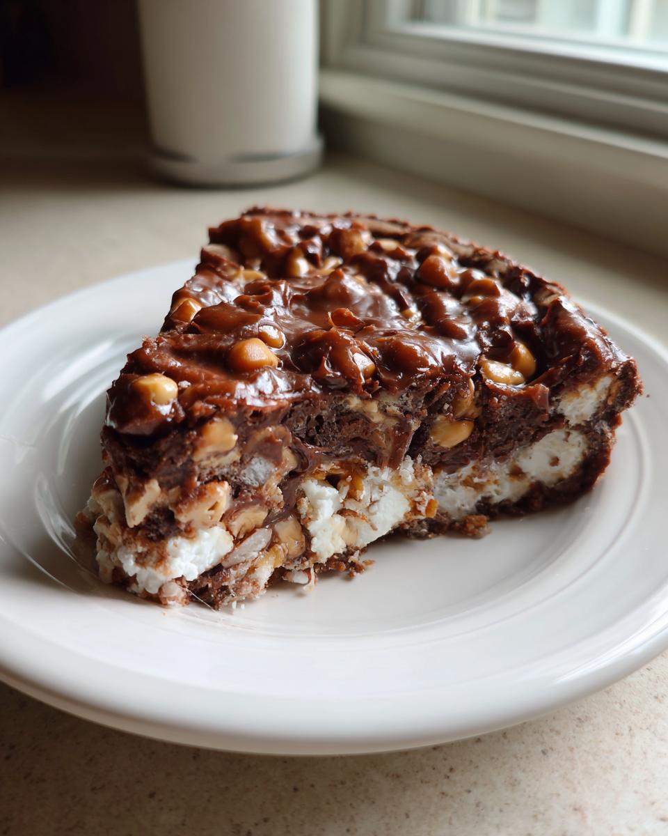A decadent slice of Texas Trash Pie showing layers of chocolate, nuts, and white marshmallow filling on a white plate.
