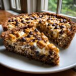 A close-up of a slice of decadent Texas Trash Pie, showing a thick crust filled with nuts, caramel, and topped with chocolate chips.