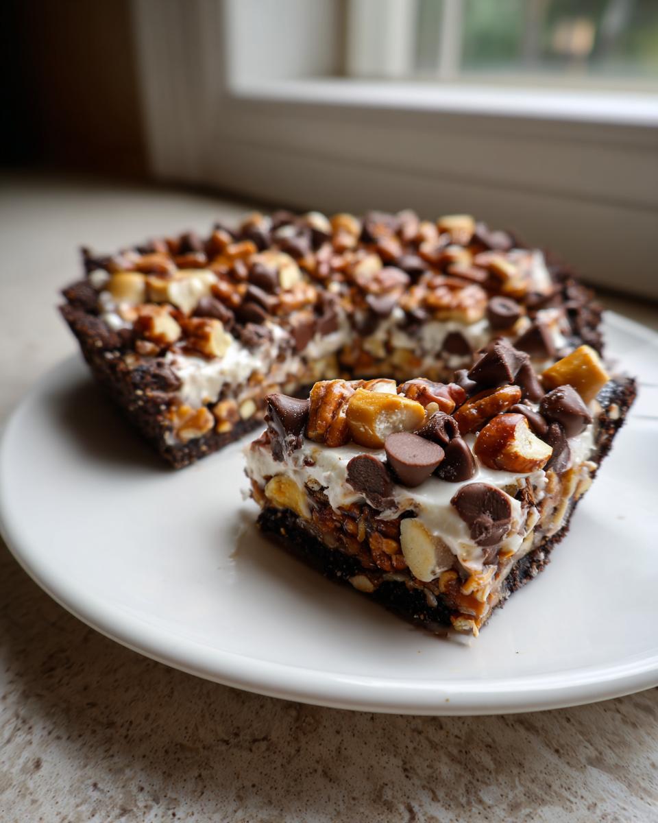 A close-up slice of Texas Trash Pie showing a dark crust, creamy filling, and a topping of chocolate chips and nuts.