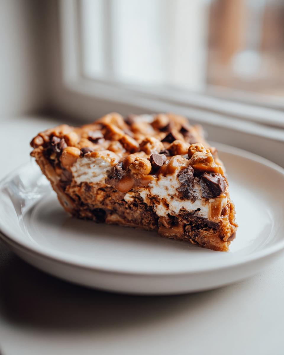 A rich slice of Texas Trash Pie featuring layers of chocolate chips, caramel, and marshmallow on a white plate.