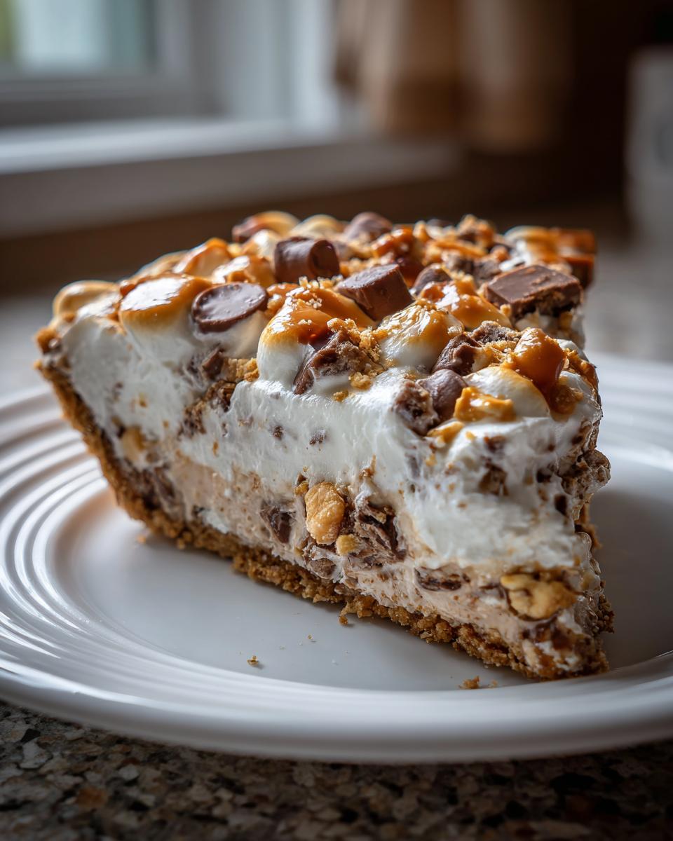 A generous slice of decadent Texas Trash Pie featuring a thick crust, creamy filling, whipped topping, caramel, and candy pieces.