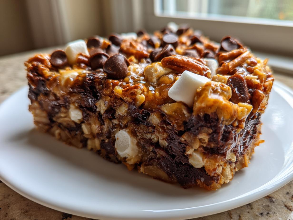 Close-up of a rich slice of Texas Trash Pie featuring chocolate chips, pecans, and marshmallows.