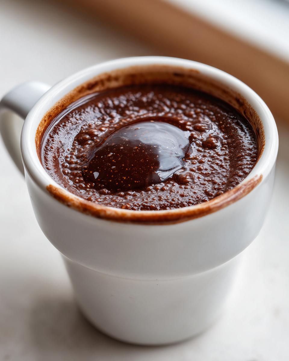 Close-up of thick, rich french hot chocolate with a glossy center in a white mug.