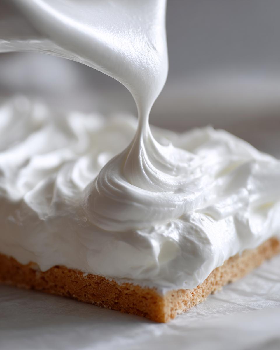 Close-up of thick, white gingerbread house icing being generously piped onto a square gingerbread base.
