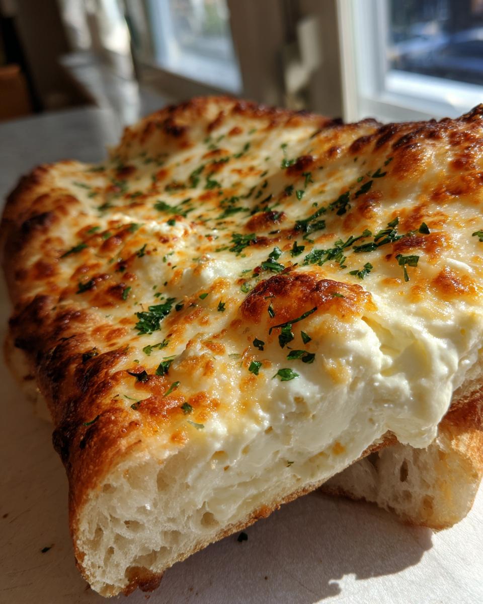 Close-up of a thick slice of white pizza showing bubbly, browned cheese and a creamy white sauce base.
