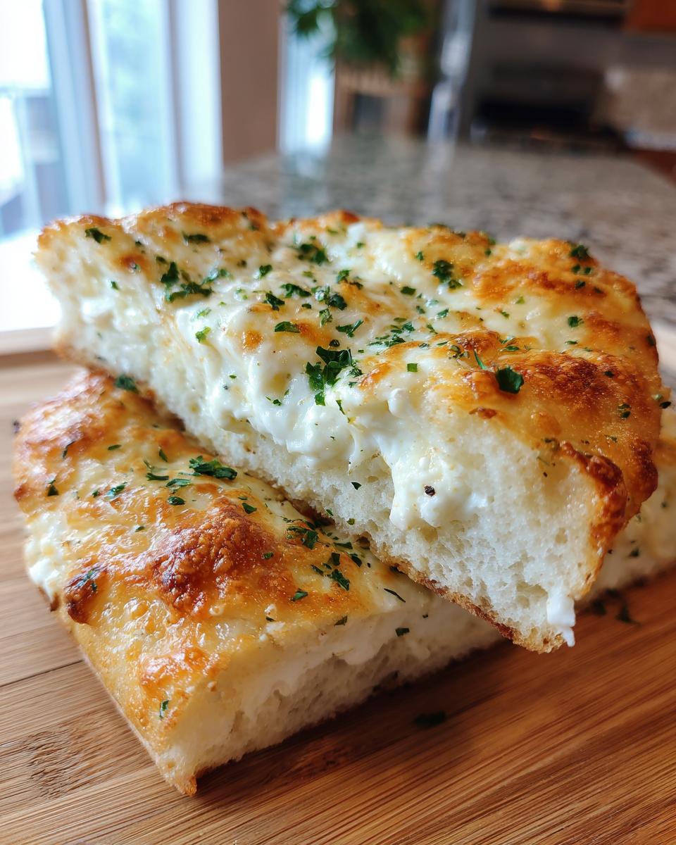 Cross-section view of a thick slice of white pizza showing fluffy crust and creamy ricotta cheese filling, topped with melted cheese and parsley.