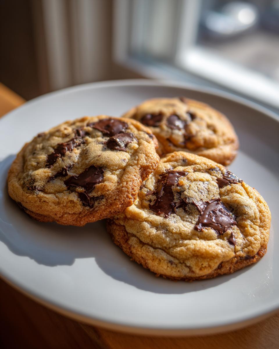 Three freshly baked small batch chocolate chip cookies with melted chocolate chunks on a light plate.