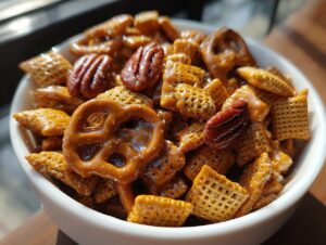 A white bowl filled with shiny, glazed toffee chex mix recipe pieces, pretzels, and pecans.