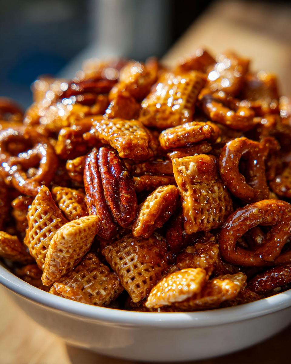 A close-up of a white bowl filled with shiny, glazed pieces of toffee chex mix recipe, including Chex cereal, pretzels, and pecans.